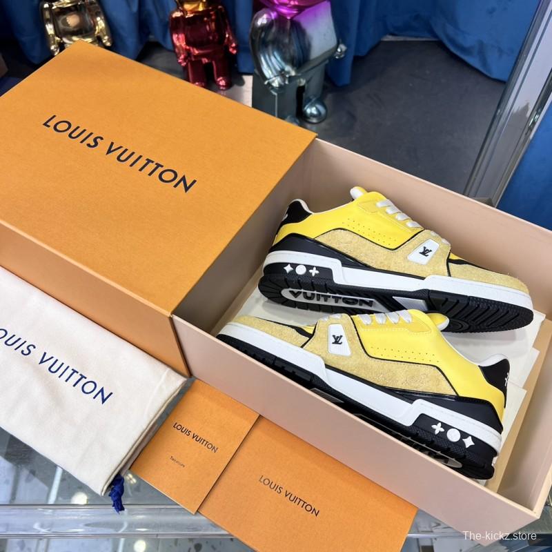 2025 Men Louis Vuitton Yellow Black Leather Suede Sneakers