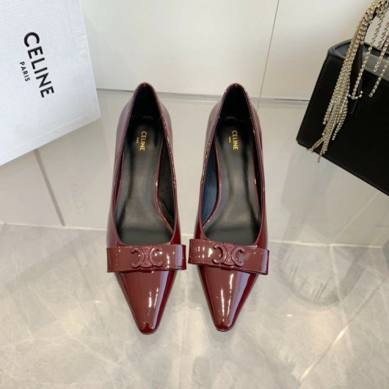 2025 Women Celine Burgundy Patent Leather Pointed Toe Pumps