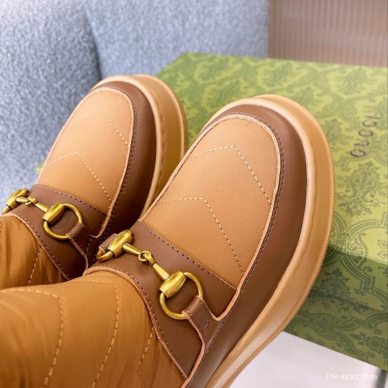 2024 Women Gucci Brown Tan Leather Shearling Lined Snow Boots MJ00420