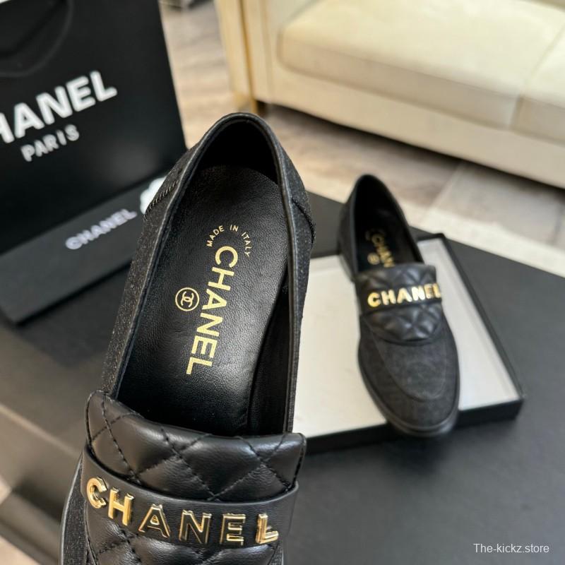 2025 Women Chanel Black Leather Canvas Loafers KFY00310