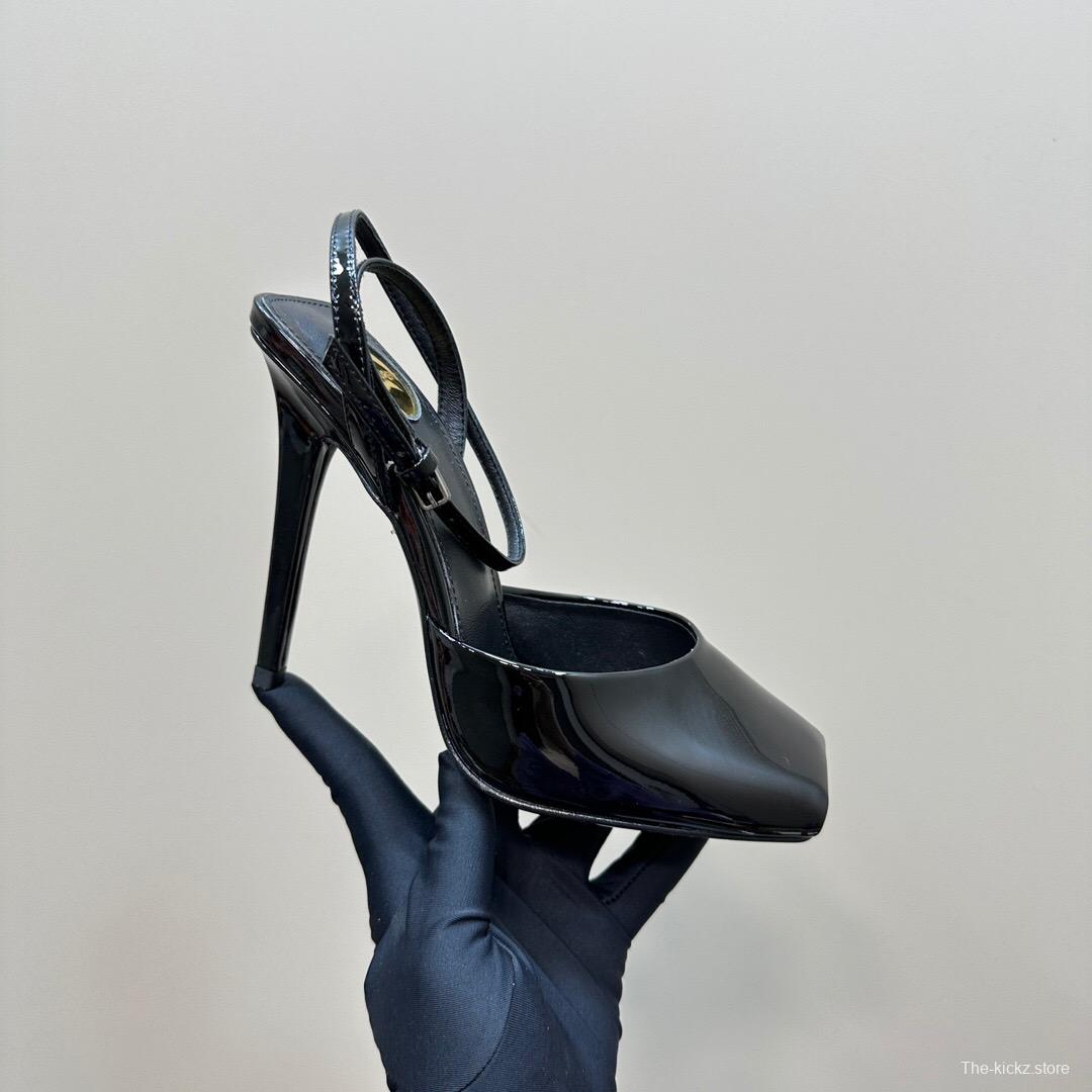 2025 Women Yves Saint Laurent Black Patent Leather High Heel Sandals