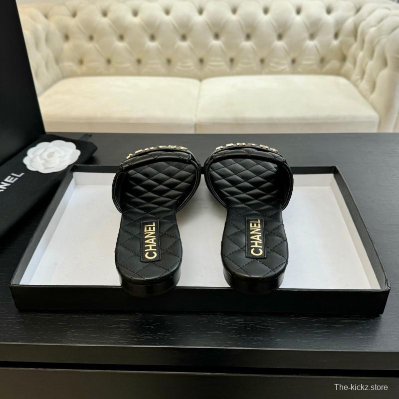 2025 Women Chanel Black Leather Slippers