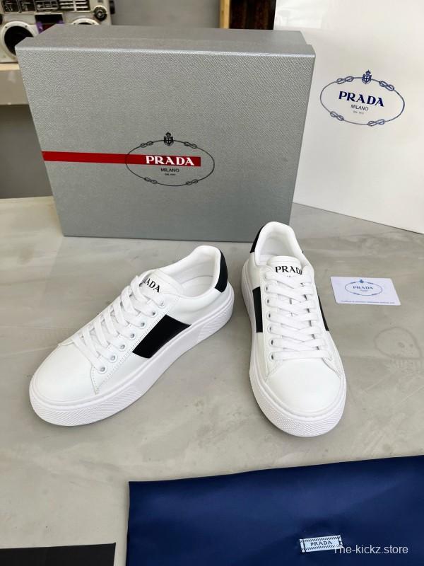2024 Unisex Prada White Black Silk Calfskin Leather Sneakers MJ00310
