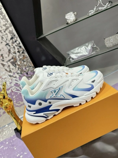 2025 Men Louis Vuitton Blue White Mesh Leather Sneakers MJ00420