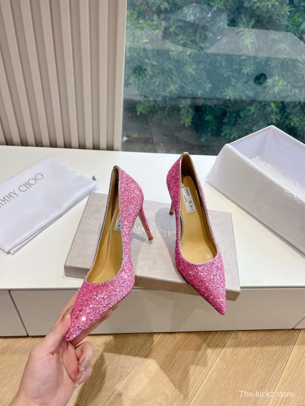 2025 Women Jimmy Choo Pink Glitter Leather High Heels KFY00280