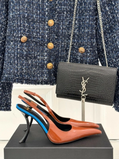 2025 Women Yves Saint Laurent Brown Patent Leather Slingback Heels KFY00290