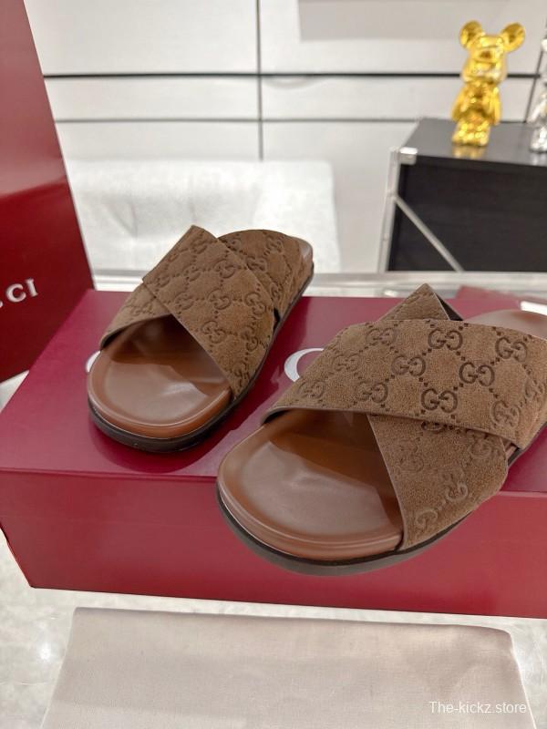 2025 Women Gucci Brown Suede Slippers GG Embossed AS00240