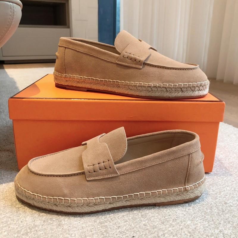 2025 Unisex Hermès Beige Calfskin Suede Loafers AS00380