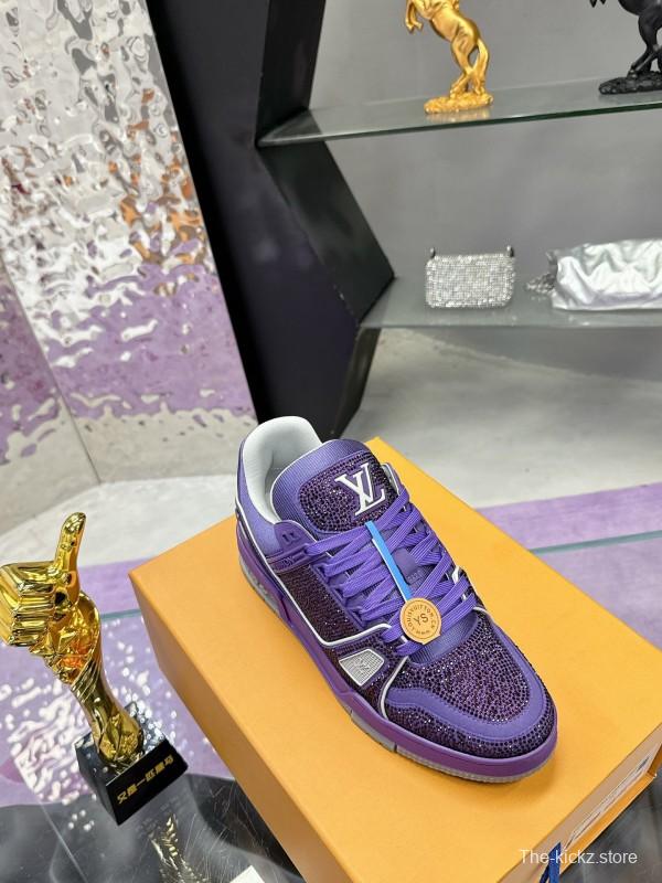 2025 Women Louis Vuitton Purple Blue Leather Plimsolls Handcrafted Rhinestone AS00400