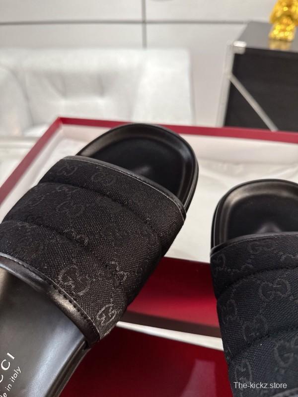 2025 Unisex Gucci Black Fabric Slippers GG Embossed AS00240