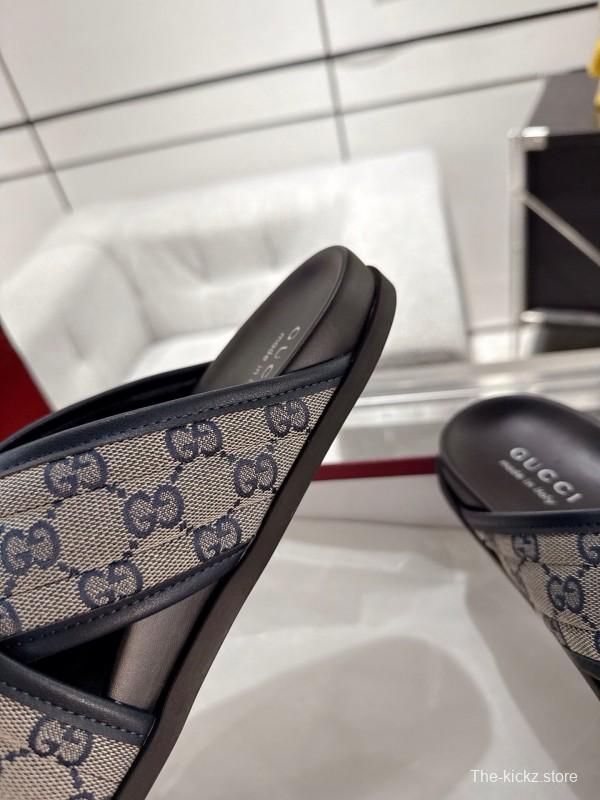 2025 Unisex Gucci Grey Black Canvas Slippers Double G Embossed AS00240