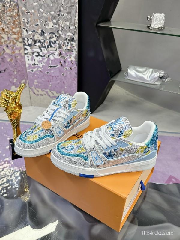 2025 Unisex Louis Vuitton Blue Yellow White Leather Denim Plimsolls Handcrafted Rhinestone AS00400