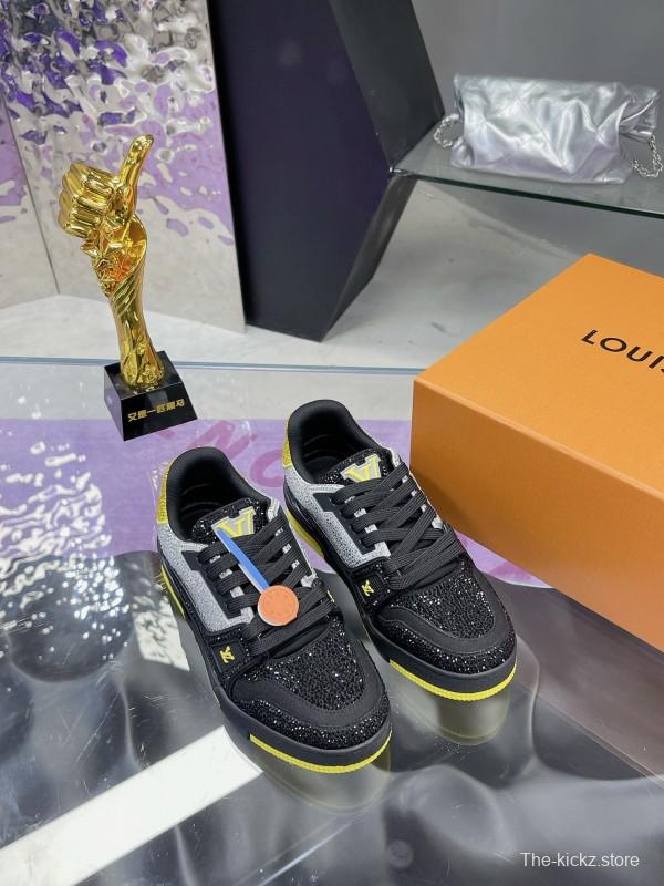 2025 Unisex Louis Vuitton Black Grey Yellow Leather Fabric Plimsolls Handcrafted Rhinestone AS00400