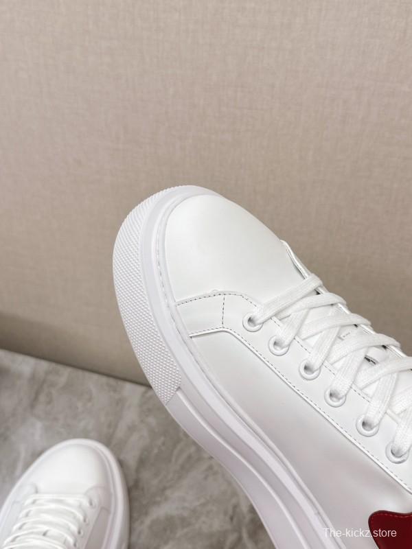 2025 Unisex Prada White Red Calf Leather Sneakers KFY00290