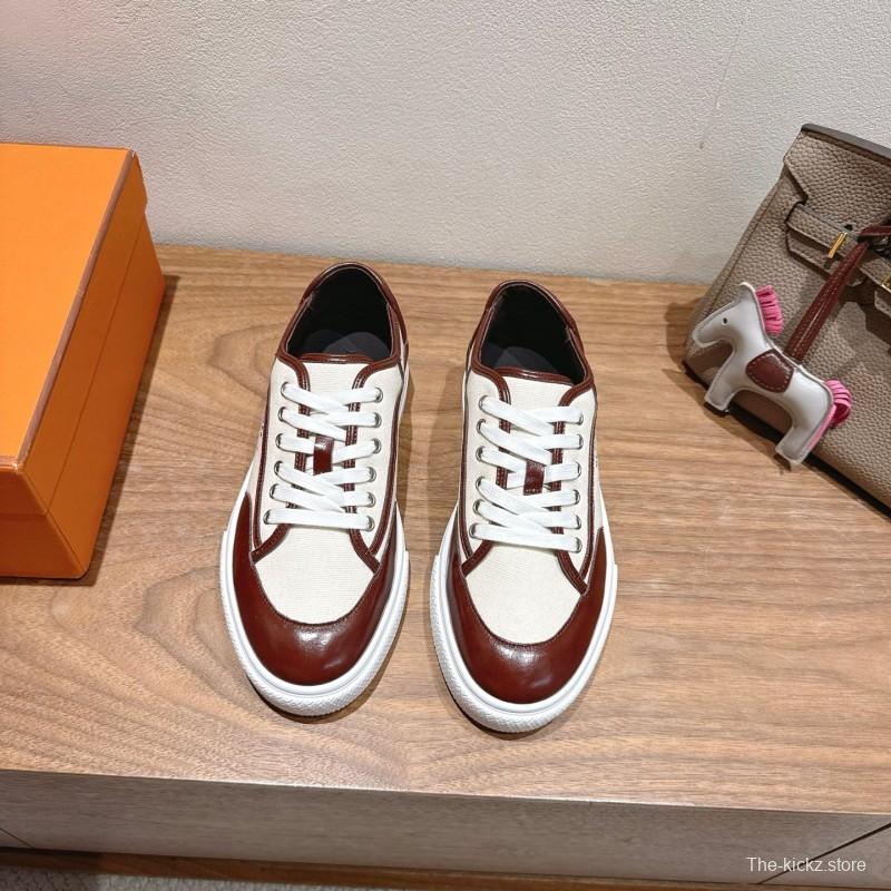 2025 Unisex Hermes Brown White Fabric Leather Sneakers AS00380
