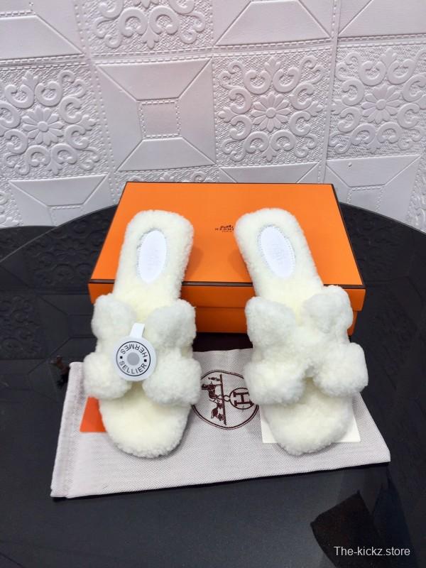 H Teddy Wool H Slippers Flat Sole Fur Slides - LY00240